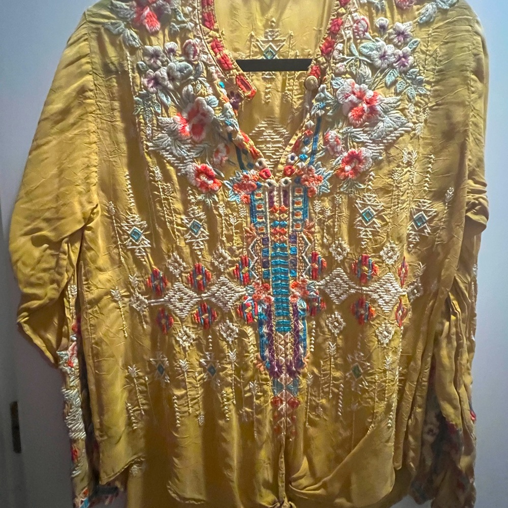 Johnny Was embroidered yellow shirt